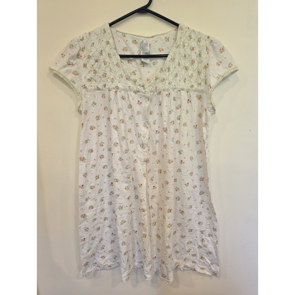 Vintage Aria Floral Cotton Nightgown Medium Smocked Cottagecore Coquette